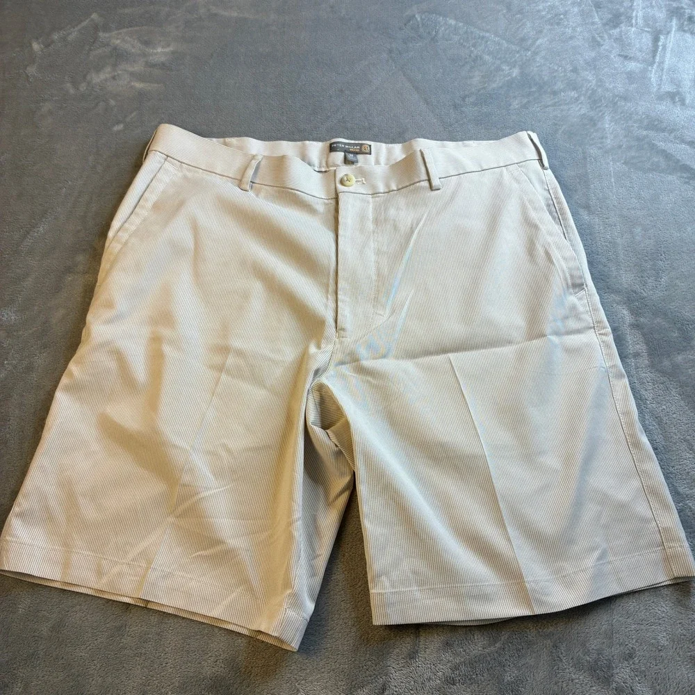 Peter Millar Mens 36 Crown Sport Wicking Golf Shorts Tan White Micro Stripe 9in